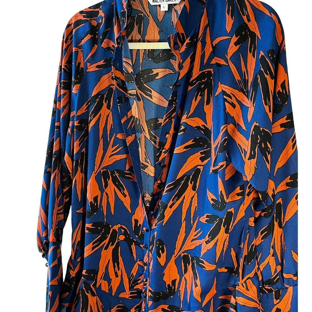 Walter Baker Large Ruffled Button Down High Collar Dress Orange Leaf Pattern